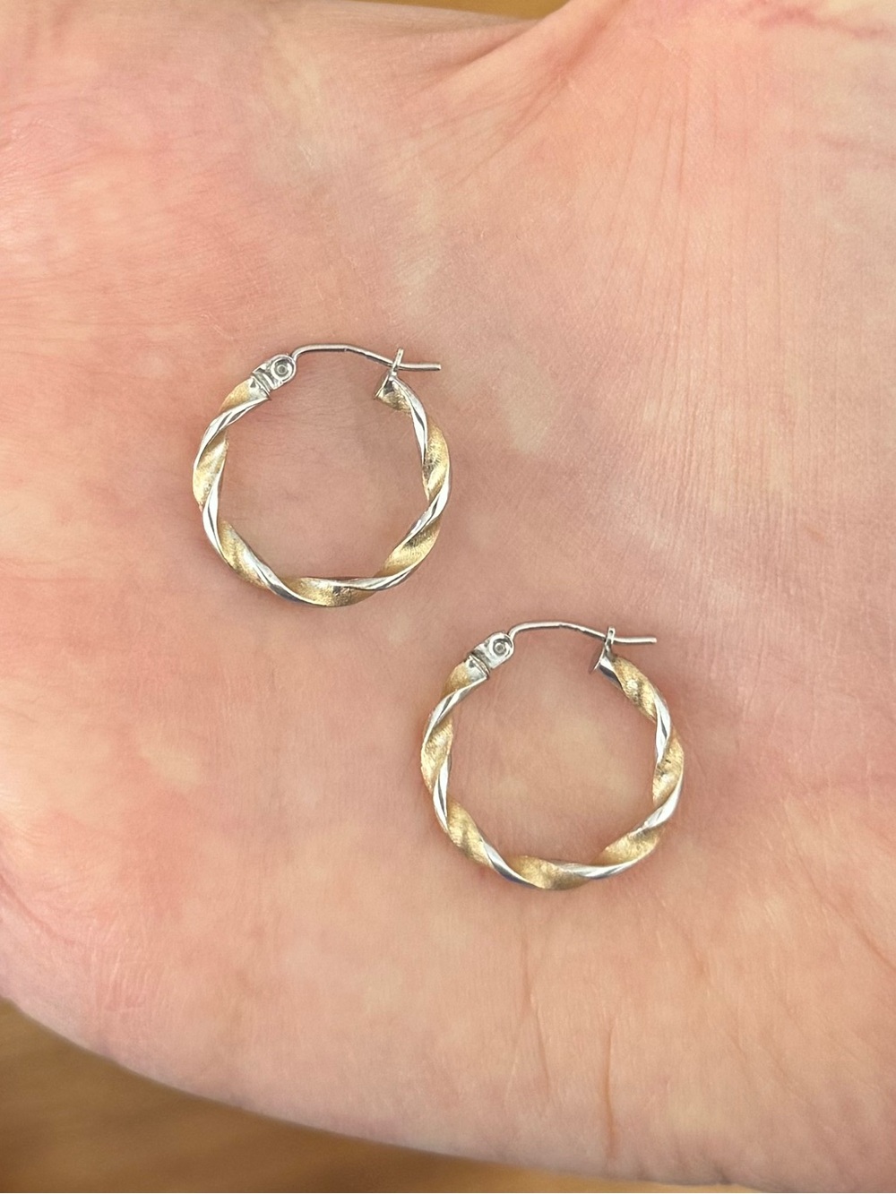 Solid 14k Two-Tone White & Yellow Gold Twisted Hoop Earrings | 0.98 Grams - Picture 9 of 9